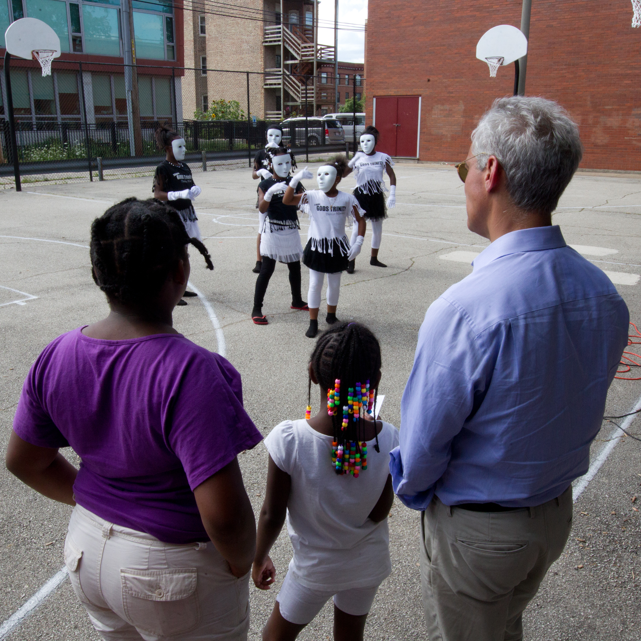 Mayor Emanuel joins Bronzeville community members as they cerebrate the opening of a new playground at Anderson Park.